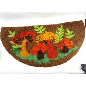 Vintage 70s Retro Mushroom Garden Boho Latch Hook Rug MCM 16" H x 33"